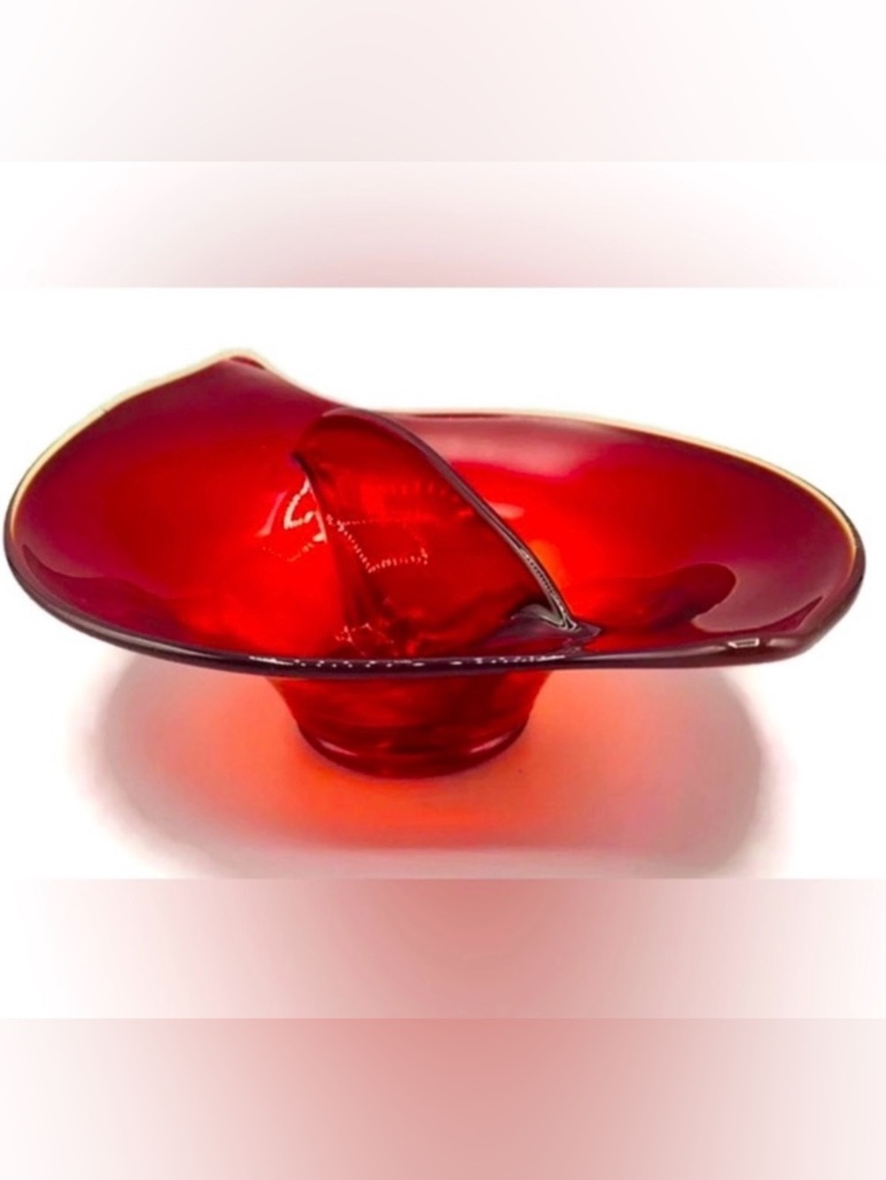Viking Ruby Red Art Glass Divided Dish Cadmium Glows Under Black Light MCM Bowl